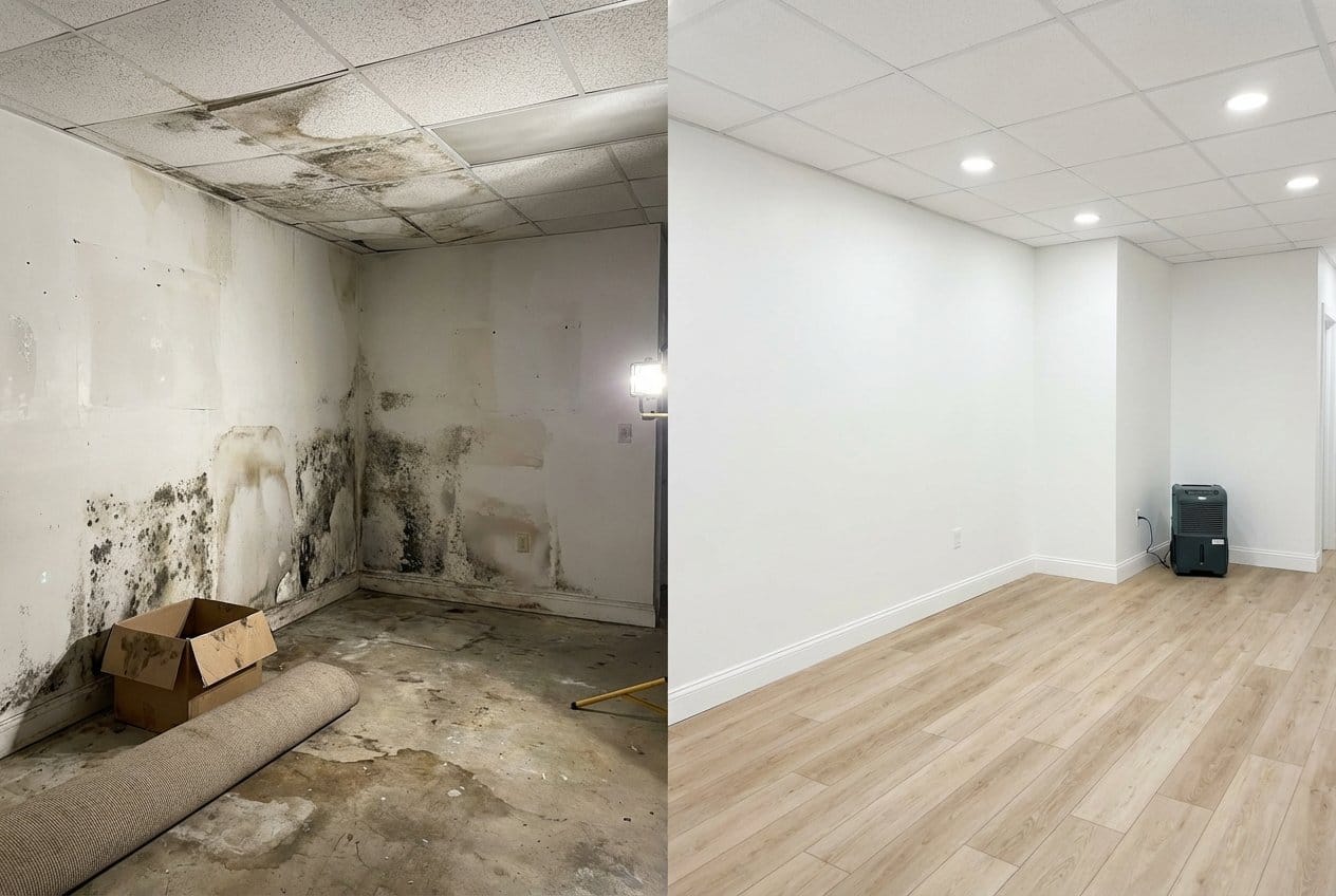 Before and after attic & crawl space mold removal in Garfield Cape Cod house storefront interior