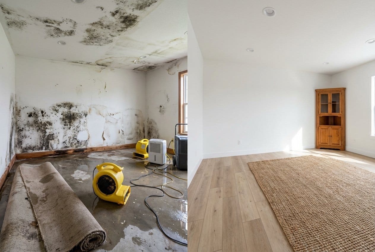 Bathroom & Kitchen Mold Removal before and after in living room, Garfield NJ
