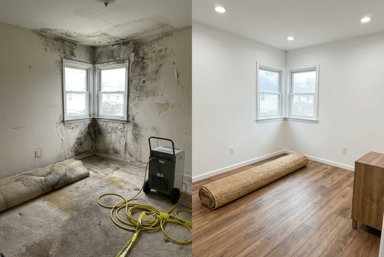 Before and after bathroom & kitchen mold removal in Garfield bi-level home bedroom