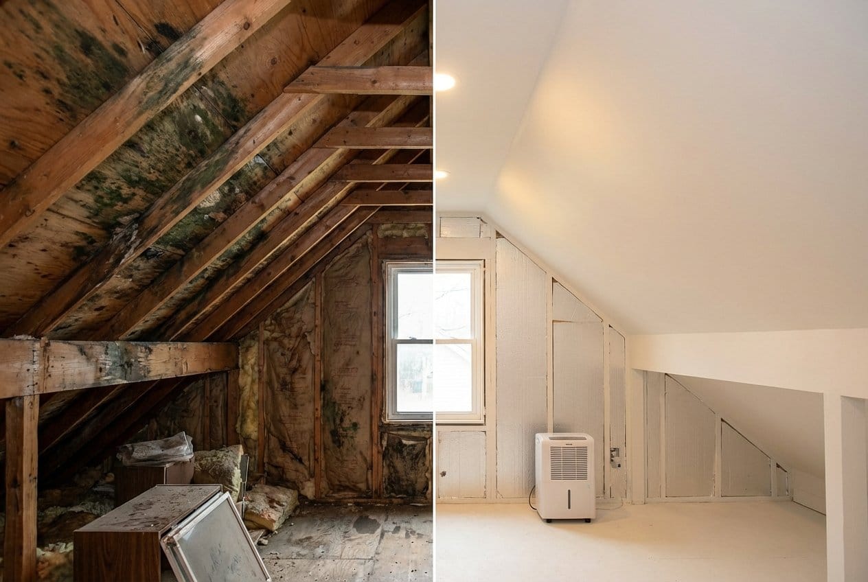 Before and after post-remediation cleaning & clearance in Garfield single-family home attic space