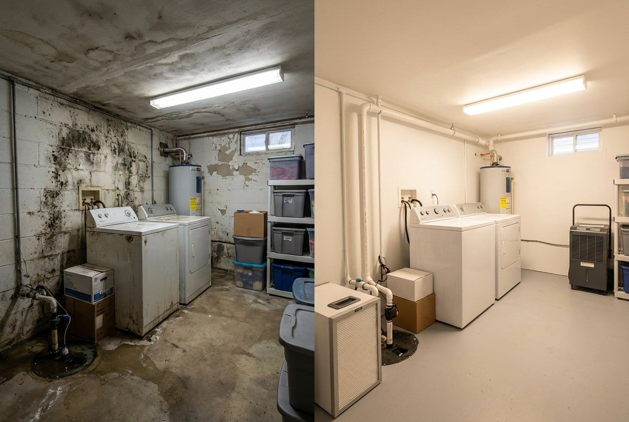 Humidity & Moisture Control Solution restoration — utility room of private residence in Garfield, NJ