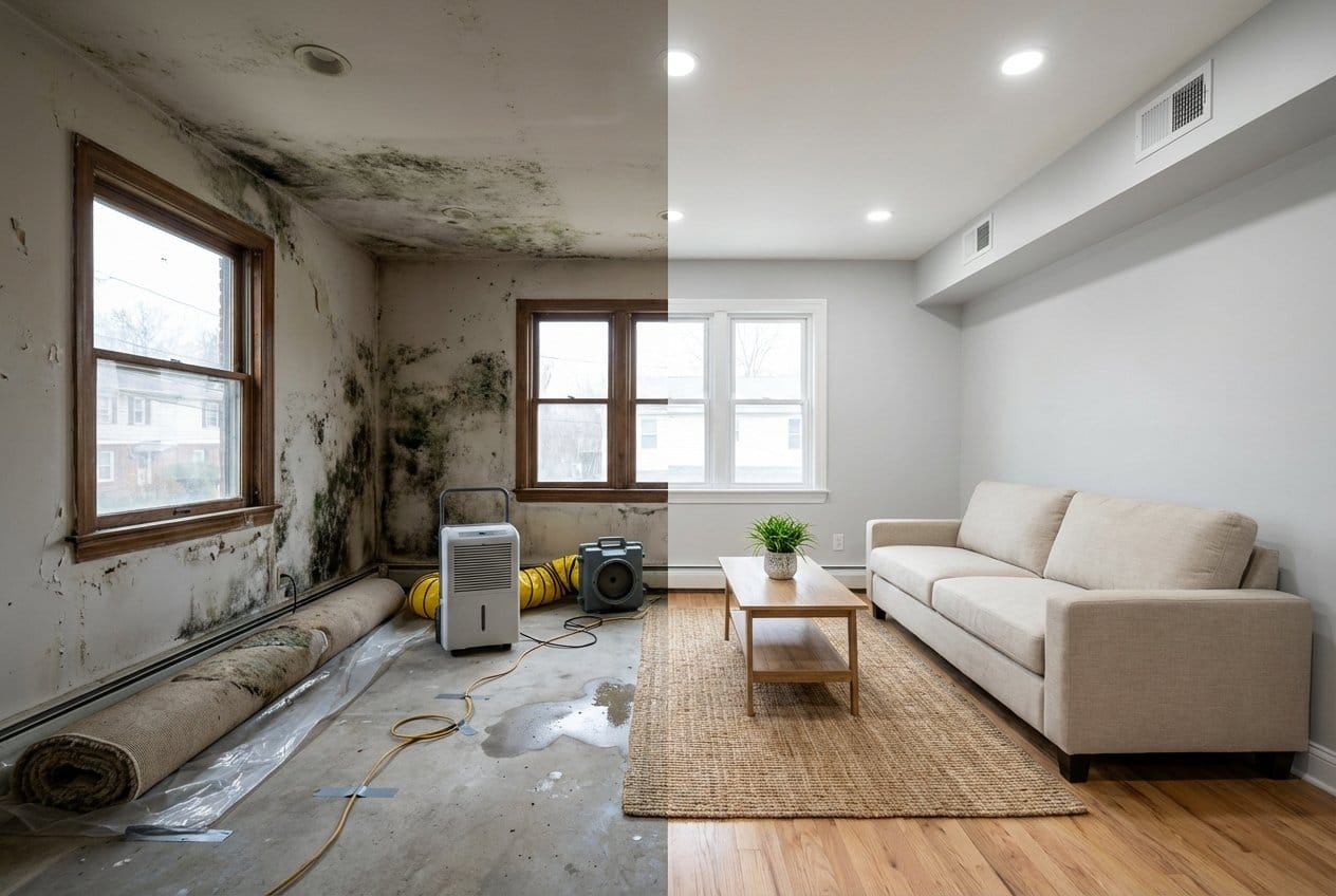 Garfield Mold Removal living room restoration before and after in Garfield